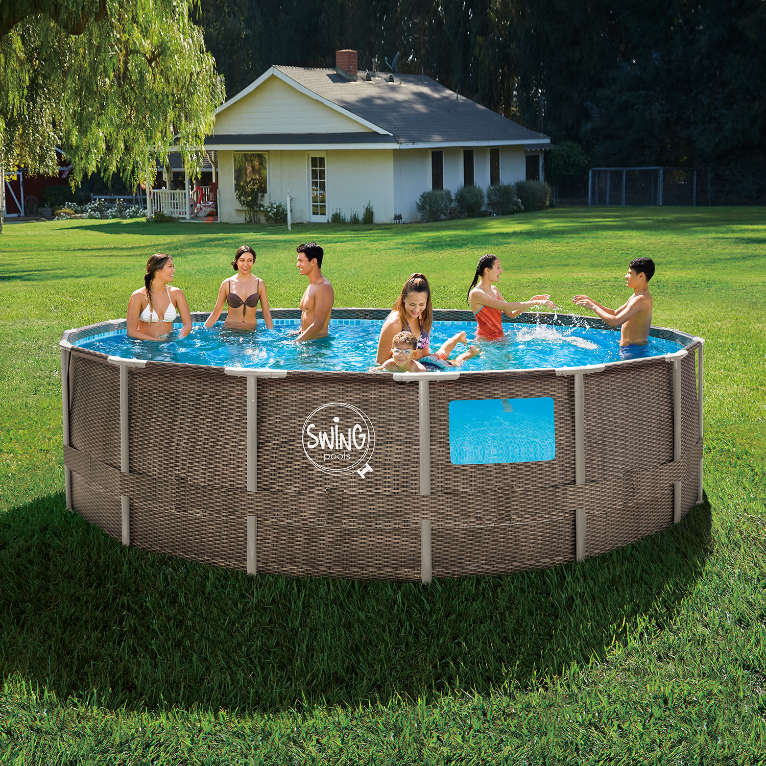ELITE Wicker-Rahmenpool - 4.57 x 1.22m, Wicker (double rattan) design mit windows, mit Filterpumpe 12 V - 3.8 m³,klappbare Sicherheitsleiter,deluxe maint. Kit, Abdeckung und Bodenplane