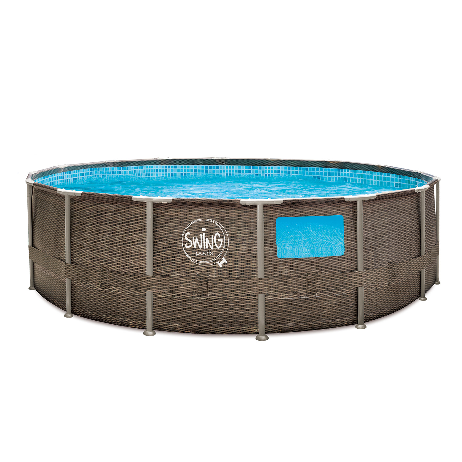 ELITE - WICKER FRAME POOL - 4.57 x 1.22m, Wicker (double rattan) design with windows, with filter pump 12V - 3.8 m3,folding safety steps,deluxe maint. Kit, cover and ground cloth