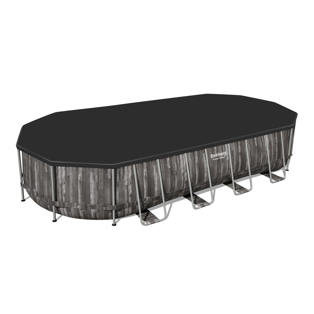 Ovaler Metallrahmen-Pool - 6.10 x 3.66 x 1.22 m mit Filterpumpe 12 V - 3.8 m³,Klappstufe, Abdeckung und Bodenplane