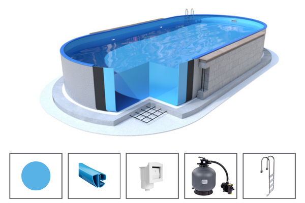 POOL-SET – Ibiza oval – 5.00 x 11.00 x 1.50 m – weiße Wand, Wandstärke 0.75 mm, mit Öffnungen für Skimmer und Rücklaufdüse, blaue obere Kombi-Schienen, Bodenschienen