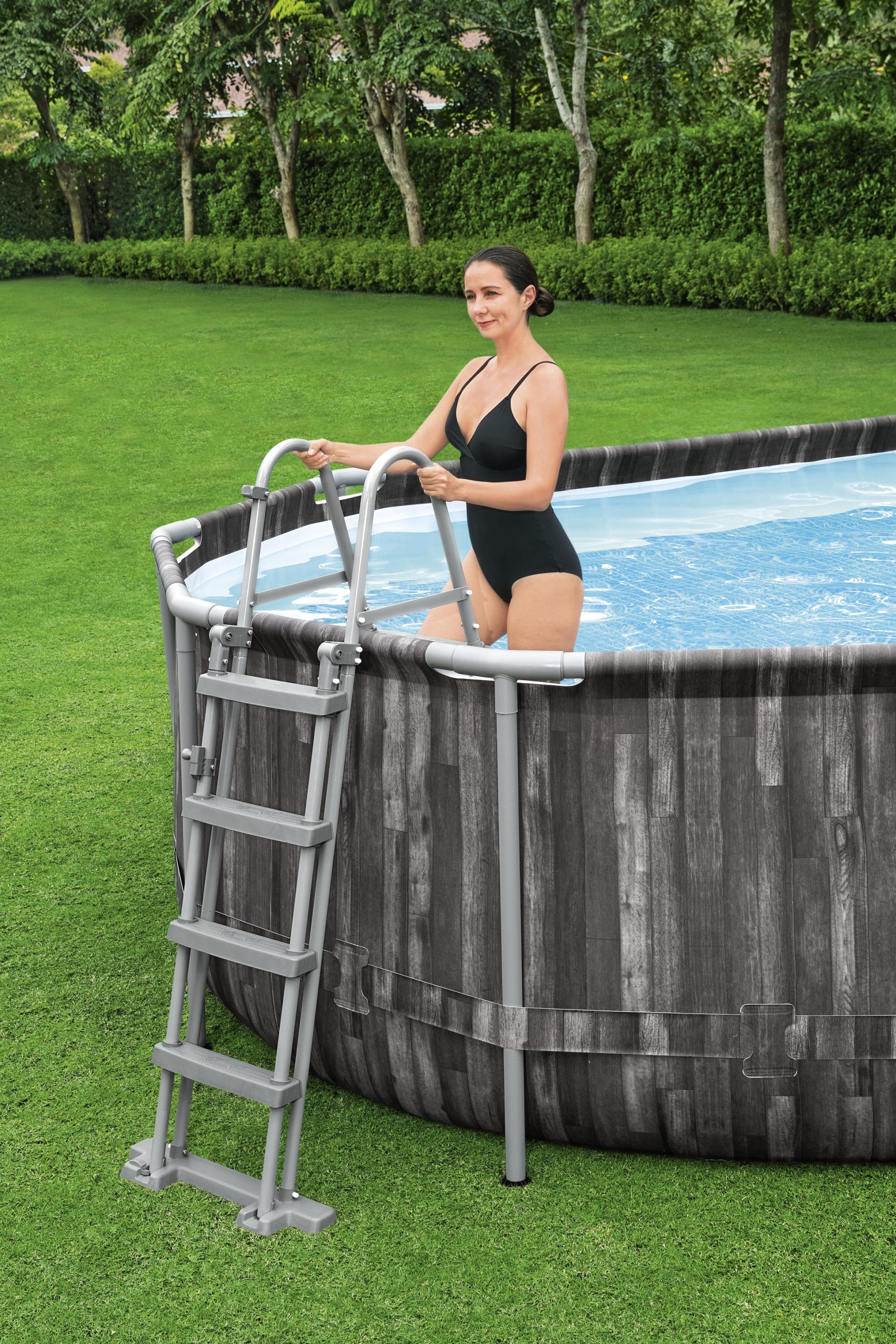 Ovaler Metallrahmen-Pool - 6.10 x 3.66 x 1.22 m mit Filterpumpe 12 V - 3.8 m³,Klappstufe, Abdeckung und Bodenplane