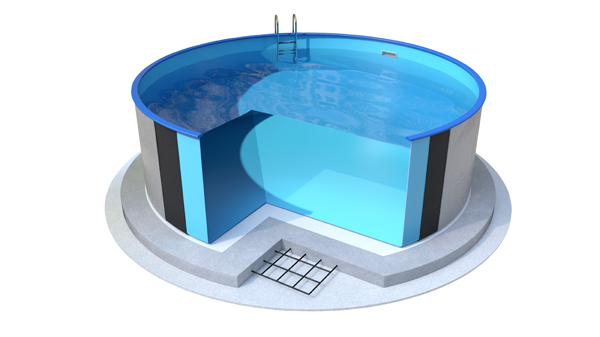 Ibiza rund - 4.60 x 1.20 m - Wandstärke 0.6mm, mit Öffnungen für Skimmer und Einlaufdüse, obere Kombischienen blau P1/P3, untere Schienen