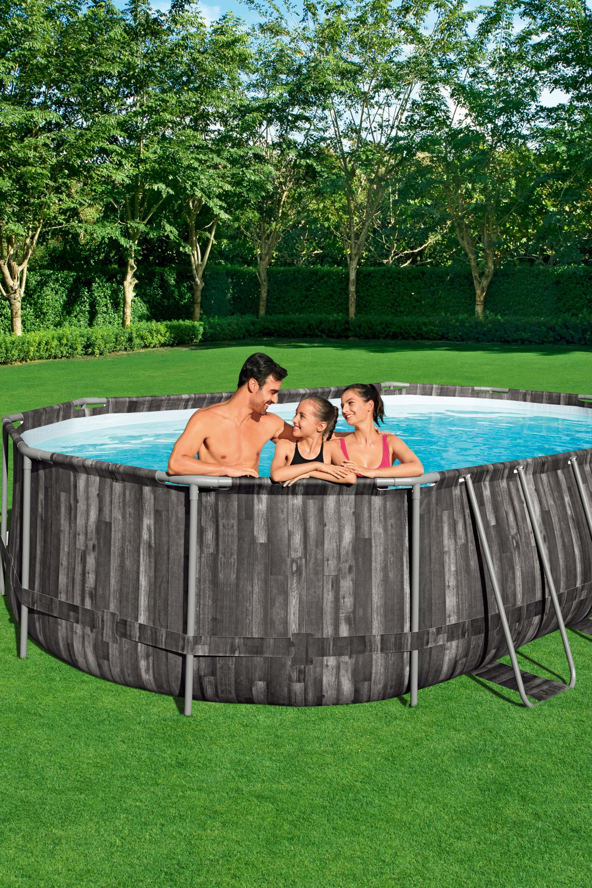 Ovaler Metallrahmen-Pool - 6.10 x 3.66 x 1.22 m mit Filterpumpe 12 V - 3.8 m³,Klappstufe, Abdeckung und Bodenplane