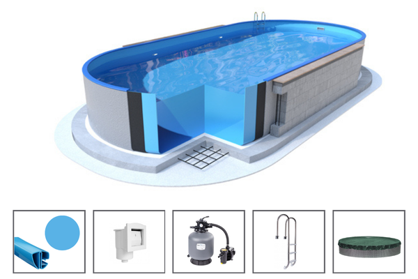 POOL-SET – Ibiza oval – 3.50 x 7.00 x 1.20 m – graue Wandstärke 0.75mm, mit Öffnungen für Skimmer und Rücklaufdüse, Bodenschienen