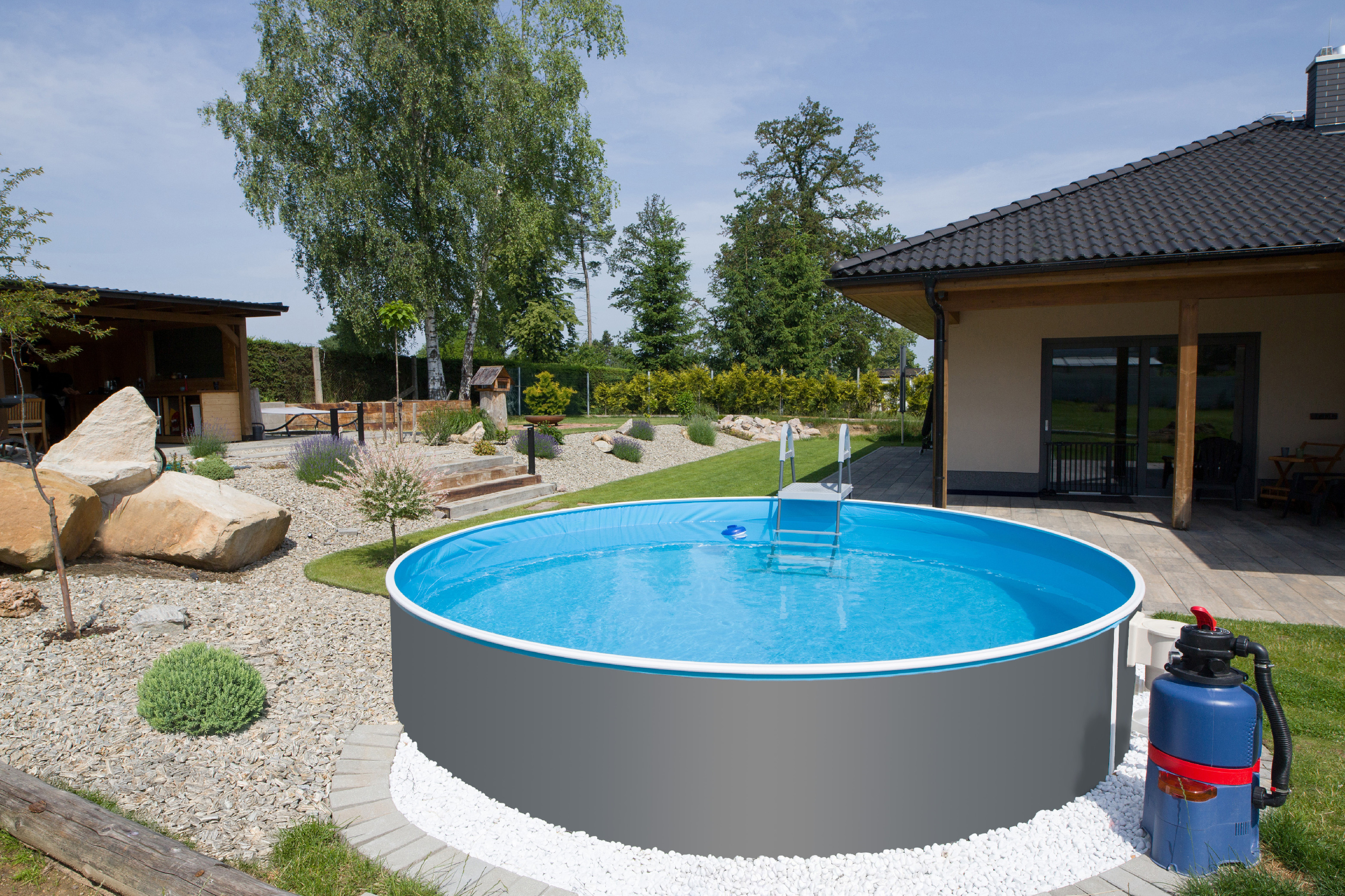 Azuro 3.55 x 0,9 m, grau, safety Leiter, LAGOON liner 0.25 mm, skimmer 12 V
