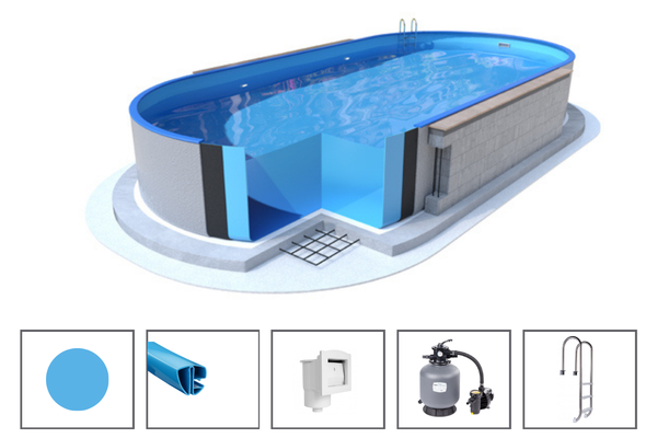 POOL-SET – Ibiza oval – 4.16 x 8.00 x 1.20 m – graue Wandstärke 0.75mm, mit Öffnungen für Skimmer und Rücklaufdüse, Bodenschienen