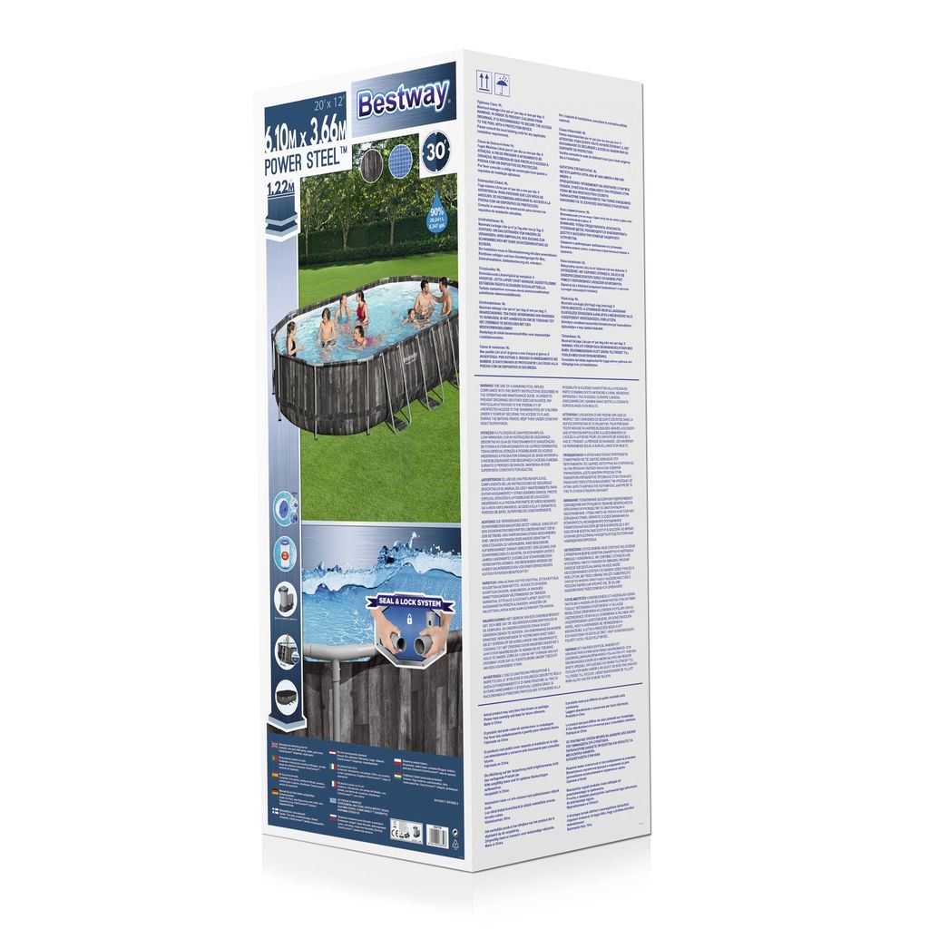 Ovaler Metallrahmen-Pool - 6.10 x 3.66 x 1.22 m mit Filterpumpe 12 V - 3.8 m³,Klappstufe, Abdeckung und Bodenplane