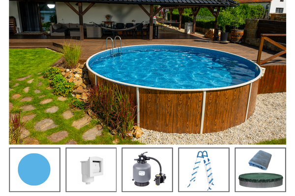 POOL SET – Azuro VAR 403 DL – 5,5 x 1,2 m, WOOD – ohne Poolfolie, Leiter und Filter, mit außermittigen Öffnungen, in 2 Kartons