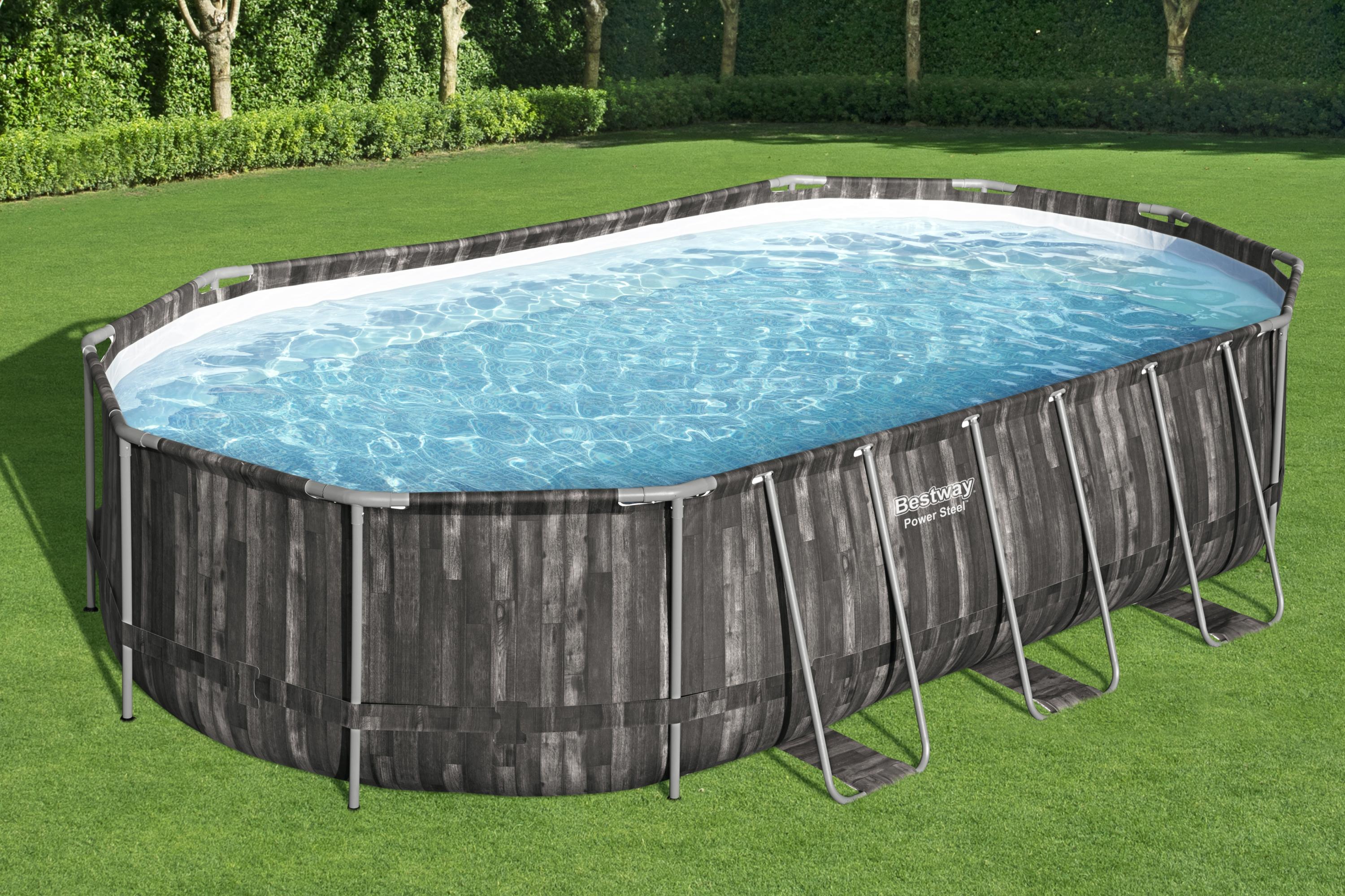 Ovaler Metallrahmen-Pool - 6.10 x 3.66 x 1.22 m mit Filterpumpe 12 V - 3.8 m³,Klappstufe, Abdeckung und Bodenplane