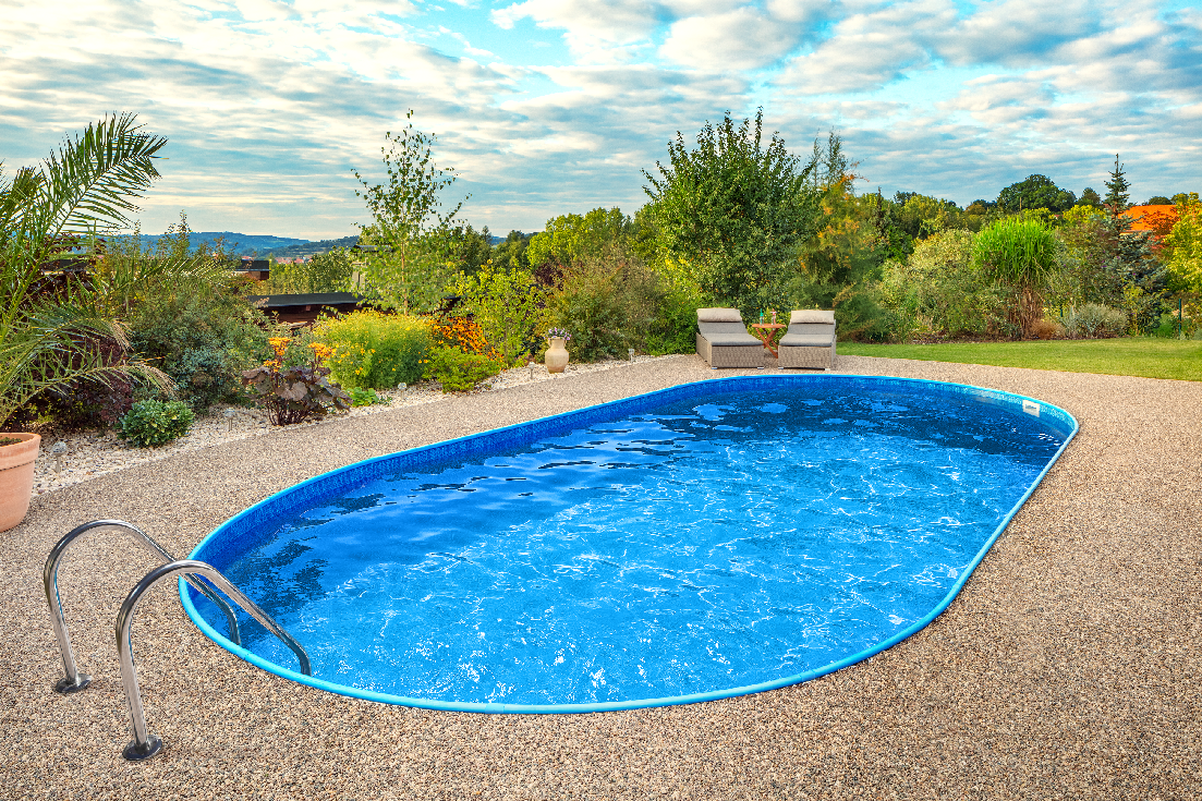 Ibiza oval- 3.50 x 7.00 x 1.35 m - Wandstärke 0.75mm, obere Kombischienen blau, untere Schienen P1/P3, mit Öffnungen für Skimmer und Einlaufdüse