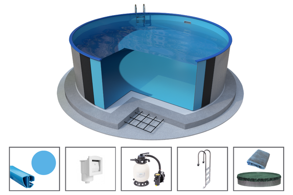 POOL-SET – Ibiza rund – 4,00 x 1,50 m – graue Wandstärke 0,6 mm, mit Öffnungen für Skimmer und Rücklaufdüse, Bodenschienen