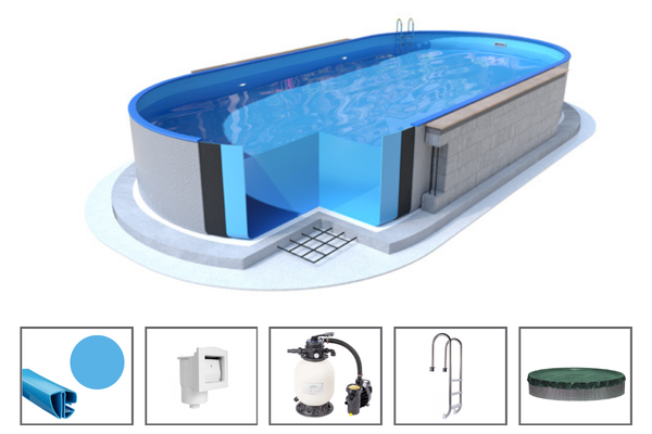 POOL SET – Ibiza oval – 3.20 x 6.00 x 1.20 m – graue Wandstärke 0.75 mm, mit Öffnungen für Skimmer und Rücklaufdüse, Bodenschienen